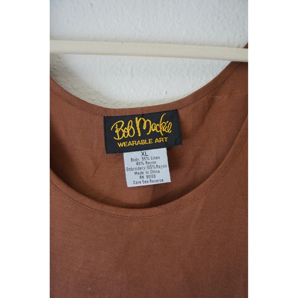 Bob Mackie Tank Top Linen Blend Embroidered Scalloped Hem Lagenlook Brown XL - Picture 5 of 6